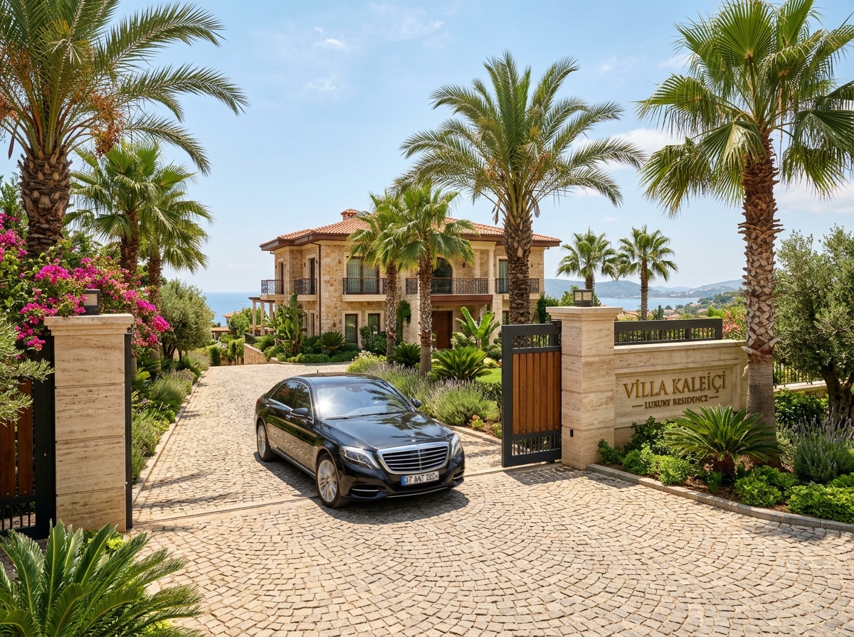 Sliding gate open at villa driveway
